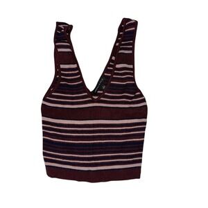 Kendall & Kylie Burgundy Striped Knit Crop Top V-Neck Sleeveless‎ Tank